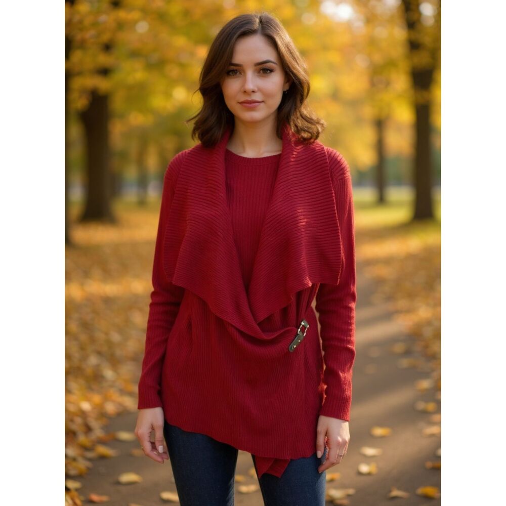 LAUREN by Ralph Lauren Red Wrap Front Buckle Cardigan Sweater 1X Plus - Picture 8 of 8